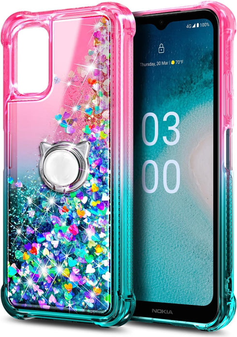 NZND Compatible with Nokia C300 (N155DL) Case, Nokia G100 (N150DL) with Tempered Glass Screen Protector, Ring Holder/Wrist Strap, Glitter Liquid F...