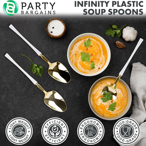 Party Bargains Disposable Plastic White Gold Soup Spoons, Infinity Modern Design Utensils, 20 Pack...