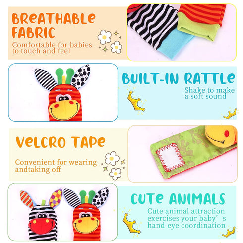 Wrist Rattle Foot Finder Socks Set for Baby Arm Hand Bracelet Rattle Feet Leg Ankle Socks Newborn Soft Sensory Toys Baby Socks Newborn Rattles Toy...