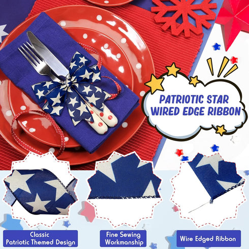 2 Rolls 20 Yard Star Blue Wired Edge Ribbon Patriotic Ribbon 2.5 Inch 4th of July Ribbon Beige Navy Blue DIY Crafts Ribbon for Party Decorations W...