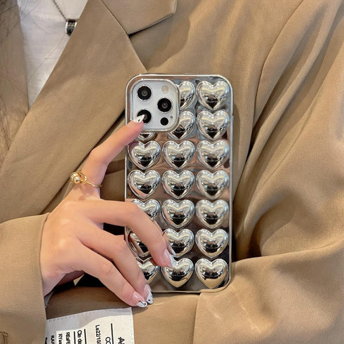3D Love Heart Plating Silver Phone Case Compatible with iPhone 13 Pro Max,Electroplated Heart-shaped Luxury Retro Slim Soft Protective Bling Glitt...