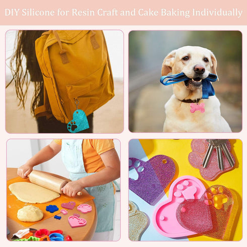 7 Pieces Dog Bone Shaped Keychain Silicone Resin Molds Set Heart Cat Paw Mold Dog Tag Charm Resin Molds with 10Pcs Blank Keychains Small Letters D...