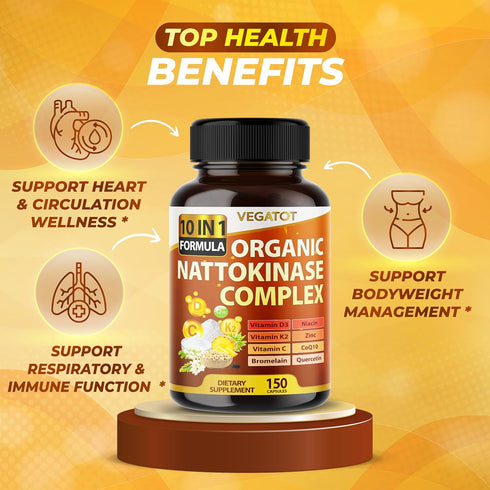 VEGATOT Organic Nattokinase Complex 7,500mg - 10IN1 Formula Vitamin D3, Niacin, Vitamin K2, Zinc, CoQ10, Quercetin - Made in The USA (150 count (p...