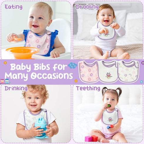 Cotton Drooling Baby Bib - 3Pcs Unisex Boy Girl Cotton Teething Infant Bibs with Adjustable Buttons Purple Owl Toddler Food Bibs Keepsake Baby Gif...