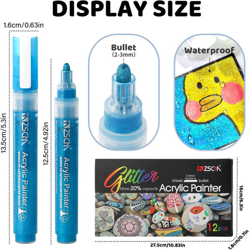 ZSCM 12 Colors Acrylic Glitter Markers Paint Pens, Rock Painting Pens Markers Metallic Art Marker for Kids Adults Card Making Painting Glass Ceram...