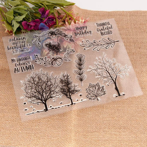 LZBRDY 6.7 by 8.9 Inch Autumn Trees Leaves Pumpkin Fruit Clear Stamp and Die Set for Card Making and Scrapbooking Thanksgiving Silicone Stamps and...