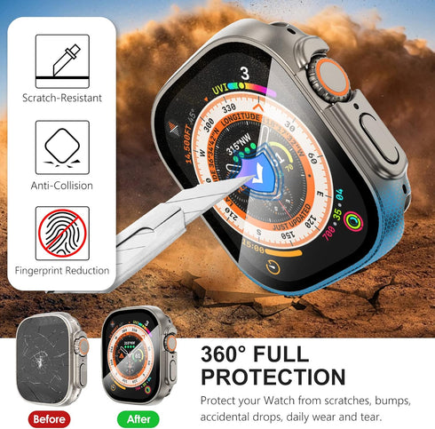 WINGLE 2 in 1 Waterproof Case for Apple Watch Ultra 2 Screen Protector 49mm Case Cover, 2 Pack 360 Protective Glass Face Cover Hard PC Bumper + Ba...