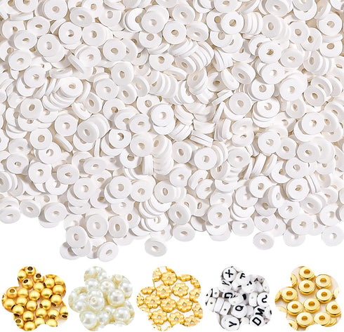 4500pcs White Clay Beads Kit for Bracelet Making Including 6mm Flat Polymer Clay Heishi Beads and Gold Bead Pearls Spacers Letter Beads for Jewelr...