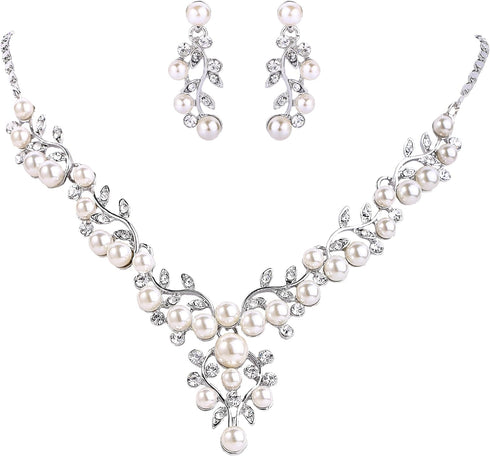 EVER FAITH Women's Crystal Simulated Pearl Leaf Vine Necklace Earrings Set Clear Silver-Tone...