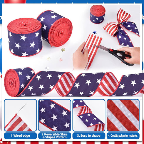 2 Rolls Patriotic Wired Edge Ribbon Stars and Stripes Reversible Ribbons Red White Blue Decorative Ribbon for 4th of July Memorial Day Bow Wreath ...