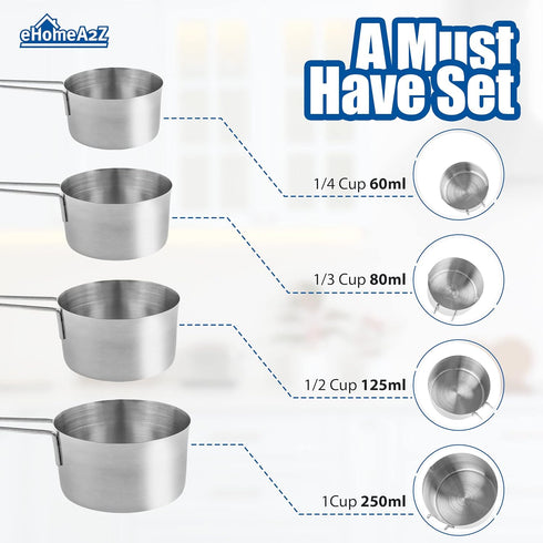 EHOMEA2Z Stainless Steel Measuring Cups Set 4Pc Metal Culinary Couture For Dry Liquid Kitchen Gadgets (1, 4-Piece Set)...