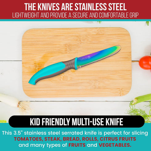 Kids Tomato Steak Knife Set for Real Cooking (Aqua) - 2pcs - Skin Friendly Serrated Edge Stainless Steel Lightweight - Safe for Children & Beginne...