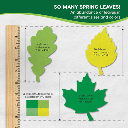120 Pieces Spring Leaf Paper Cutouts with IDEA GUIDE, 2-Sided US Made Card Stock Punch Out Maple, Oak, and Birch Leaves for Bulletin Boards, Class...