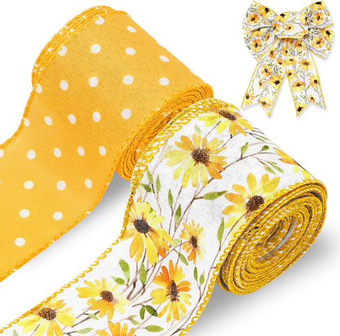 AnyDesign Daisy Dots Wired Edge Ribbon Yellow White Craft Ribbon Spring Summer Flower Fabric Ribbon for Wreath Bow Making DIY Crafts Wrapping Part...