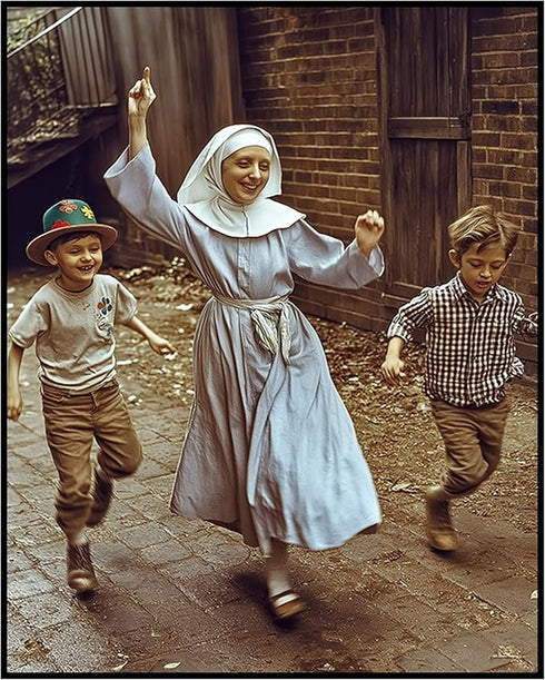 Posterizer 1 pcs-happy nun playing with children retro photo 1-Photography Art-Retro Art-Decor for Home & Office- unframed wall art...
