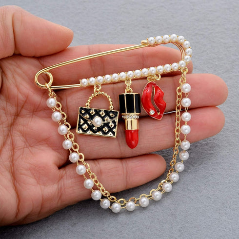 Gold Tone Crystal Pearl Chain Safety Pin Brooch Cardigan Hat Scarf Pin Brooch with Red Lip Charm...