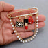 Gold Tone Crystal Pearl Chain Safety Pin Brooch Cardigan Hat Scarf Pin Brooch with Red Lip Charm...