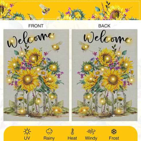Sunflower Garden Flag, Solar LED Welcome Flags Banner 12x18 Double Sided, Farmhouse Flower Burlap Lighted Lights Yard Flag, Holiday Spring Vertica...