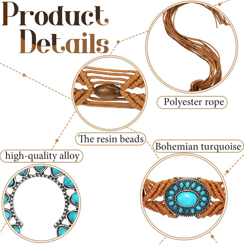 2 Pcs Turquoise Braid Waist Belt Bohemian Style Woven Belt and Turquoise Jewelry Western Beaded Dangle Earrings for Women...