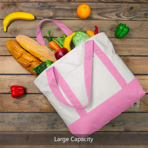 TOPDesign 1-Pack Canvas Tote Bag with an External Pocket, Reusable Grocery Shopping Bag, Top Zipper Closure, Daily Essentials (Pink/Natural)...