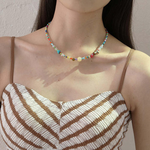 Beaded Necklace for Women, Colorful Gemstone Choker Necklaces Boho Cute Necklace Handmade Crystal Summer Beach Jewelry for Teen Girls...