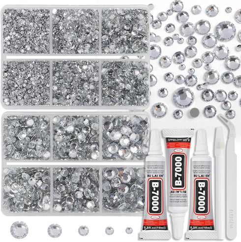 Resin Rhinestones Kit for Crafts,8400 pcs Crystal Flatback Rhinestones Mixed 5 Sizes 2mm-6mm with B7000 Glue Tweezers and Wax Pencil for Fabric Tu...