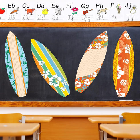 4 Pcs Summer Giant Surfboards Bulletin Board Display Set 47 x 13 Inch Surfing Bulletin Board Cutouts Tropical Graphics Surfboard Sign for School C...