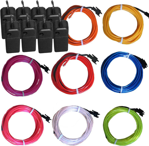 8 Pack Neon Glowing Strobing Electroluminescent Wire/El Wire(Blue, Green, Red, White, Pink, Purple,Orange, Yellow) + 3 Modes Battery Controllers...