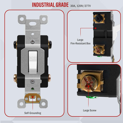ENERLITES 30 Amp Double-Pole Toggle Light Switch, 30A 120/277V, Self-Grounding, Industrial Grade, UL Listed, 82300-W, White...