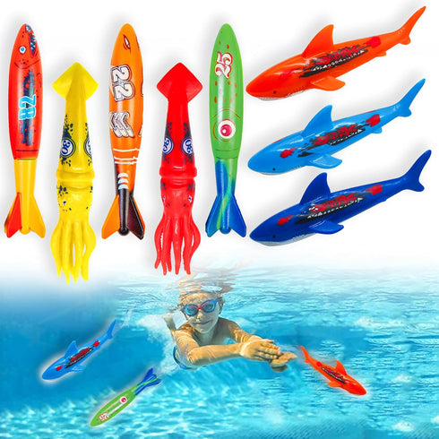Diving Torpedo Pool Toys: Underwater Sinking Sharks, Squids, and Torpedoes - Kids' Outdoor and Indoor Swimming Activity Toy Set...