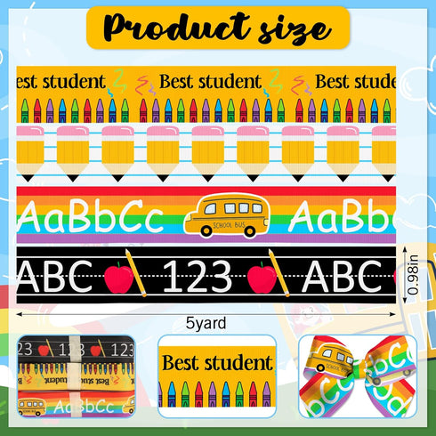 4PCS 1" Back to School Ribbons Pencil ABC School Theme Ribbons for Wrapping Gift 20 Yard, Kindergarten Decor Ribbon for Back to School Party Decor...
