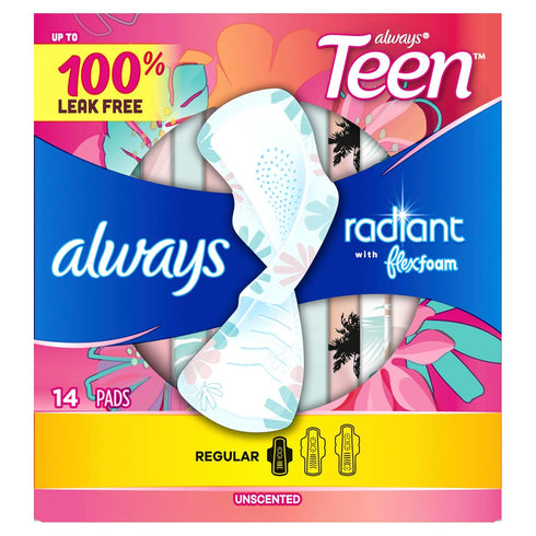 Always Radiant Teen Pads, Size 1, Regular, with Wings, Unscented, 14 Count...