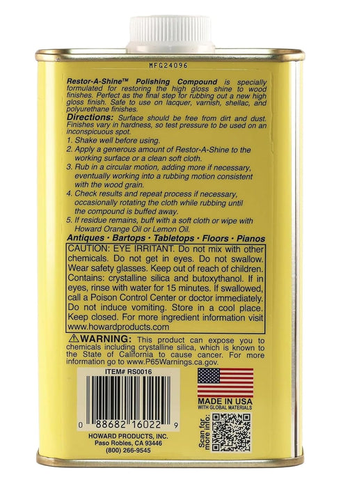 Howard Products Hardwood Floor Polish - Restor-A-Shine Wood Polisher for Furniture, Polishing Compound, Polish Compound, 16 oz...