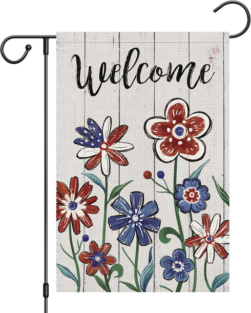 Welcome 4th of July Garden Flag 12x18 Inch Double Sided, Patriotic Independence Day Flower Yard Flag for Memorial Day Outdoor House Decorations (O...