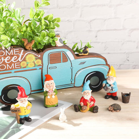 10 Pieces Mini Fairy Gnomes Statue Garden Accessories Kit Miniature Garden Resin Gnomes Hand Painted Squirrel Hedgehog Owl Bird and Bucket Ornamen...
