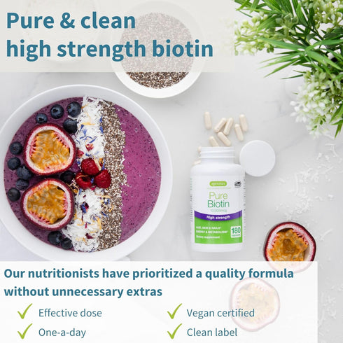 Pure Biotin 10,000mcg, Extra Strength Biotin, 180 Small Easy to Swallow Capsules, Vitamin B7, Clean Label, Lab Verified, & Vegan & Hypoallergenic,...