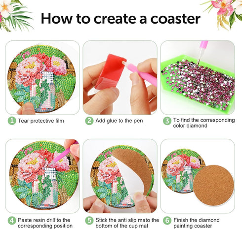 8 PCS Diamond Art Coasters-Flower Diamond Painting Coasters Kits with Holder,DIY Flowers Diamond Art Coasters Kit for Beginners Adults Art Craft S...
