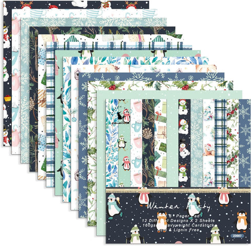 Christmas Pattern Scrapbook Paper, 6 Inch Card Production Supplies, 24 Sheets Single Sided Acid-Free Cardstock Greeting Card, Handmade Gift Journa...