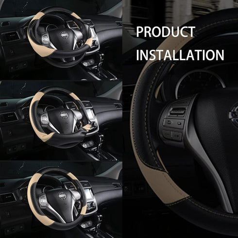 Leather Car Steering Wheel Cover, Non-Slip Car Wheel Cover Protector Breathable Microfiber Leather Universal Fit for Most Cars(Beige)...