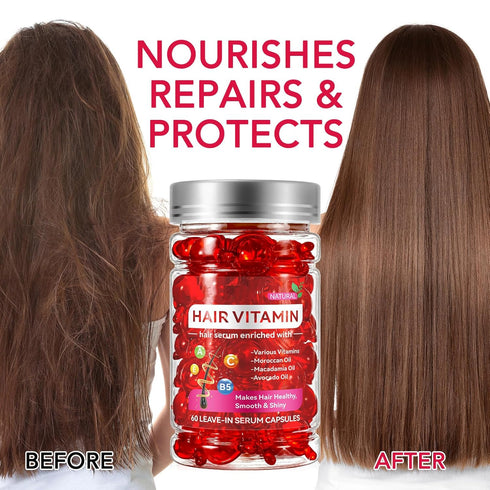 Hair Treatment Serum, Hair Vitamin Serum Capsule, 60PCS Enriched with Moroccan Macadamia Avocado Oils, Vitamins A C E Pro B5, No Rinse and Safe fo...