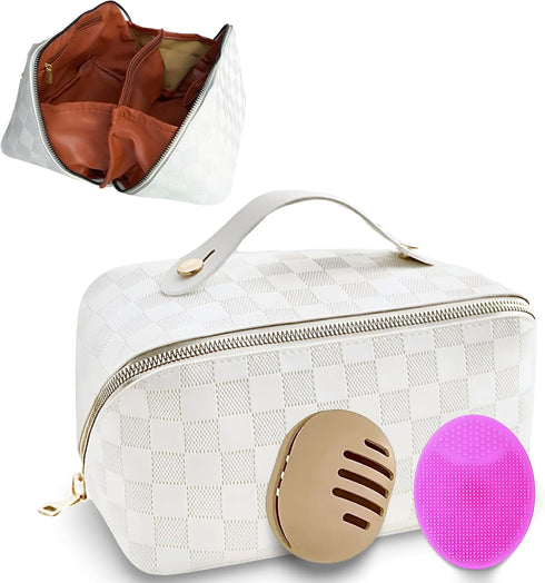 Travel Make Up Bag with Compartments, Flat Toiletry Bag, Makeup Toiletry Travel Bag, Open Flat Waterproof Makeup Bag with Handle, Portable Makeup ...