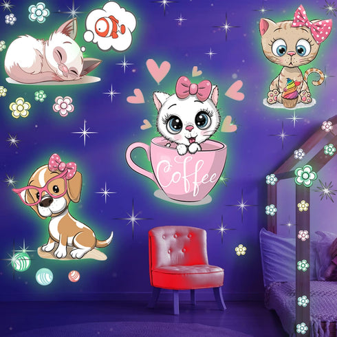 Glow in The Dark Cat Stickers with Dog and Fish, Wall Decals Sticker for Kids Bedding Room, Great for Birthday Gift Glowing Cat for Girls and Boys...