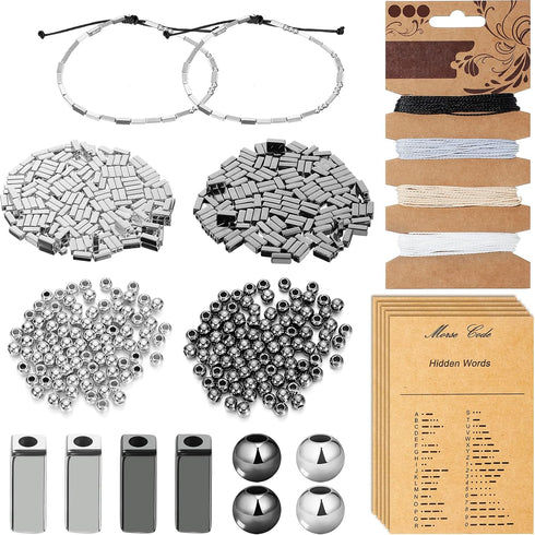 DIY Morse Code Bracelet Kit, 800 Pieces Round Spacer Beads 400 Pieces Long Tube Spacer Beads 20 Pieces Morse Code Decoding Card 20 Yards Waxed Cor...