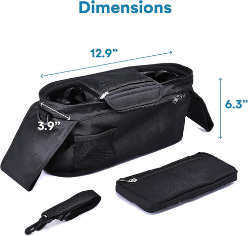 Enovoe Stroller Organizer - 12.9"x 6.3"x 3.9" Textile Stroller Storage Bag - Stroller Caddy Organizer with Insulated Cup Holders and Detachable Po...