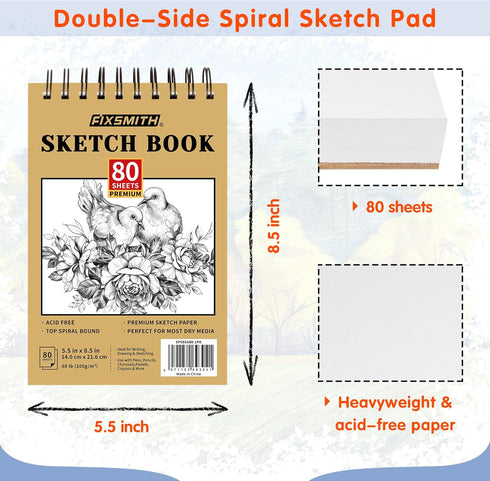 FIXSMITH 5.5"X8.5" Sketch Book | 80 Sheets (68 lb/100gsm) Sketchbook | Top Spiral Bound Artist Sketch Pad | Acid Free Drawing Pad | Ideal for Kids...