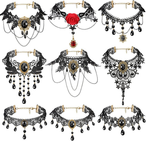 MTLEE 9 Pieces Black Gothic Lace Choker for Women Black Victorian Choker Elegant Retro Necklaces for Girl Punk Party Steampunk Vampire Cosplay Cos...