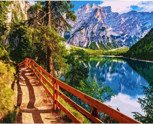 Braies Lake Painting National Park Mountain Paint by Number Kits 16 x 20 inch Canvas DIY Green Leaves Froest Painting for Kids Adults Beginner wit...