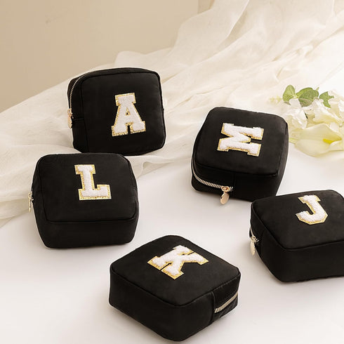 HBselect Small Makeup Bag Personalized Initial Letter Mini Makeup Bags Nylon Chenille Letter Patch Cosmetic Bag Cute Waterproof Pouch Travel Toile...