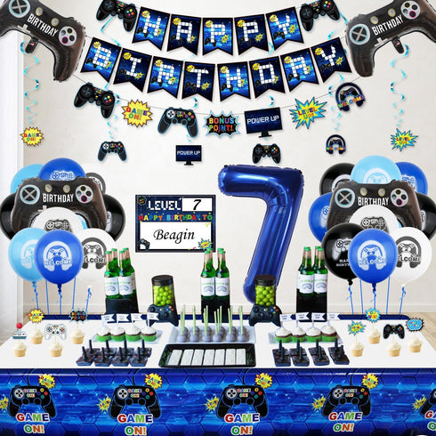 Video Game Party Decorations - 7th Birthday Decorations for Boys, HAPPY BIRTHDAY Banner, Video Game Balloons, Number 7 Blue Balloons, Gaming Hangi...