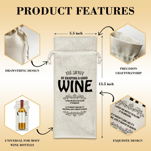 The Secret Of Enjoying Good Wine Linen Wine Bags Gift, Drawstring Wine Bottles Bags Gift for Women Men Her Him Friend Boss Coworker Teacher Mom Da...